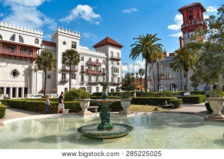 St. Augustine, Florida. January 26, 2019. Beautiful Fountain, Casa Monica Spa & Hotel And Lighter Mu