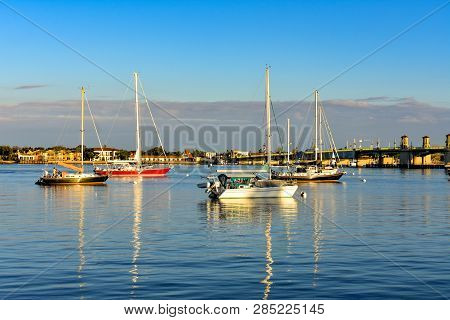 St. Augustine, Florida. January 26 , 2019 .sailboats And Bridge Of Lions.(1)