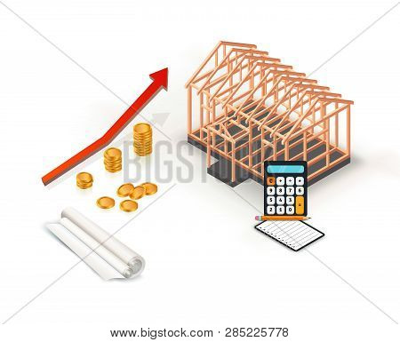 Timber Frame House Base Construction Design. Isometric Concept. Wood Frame Under Construction. Isola