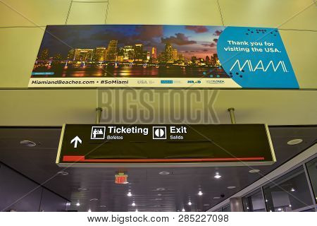 Miami, Florida. January 05, 2019.  Miami Beaches Sign And Ticketing Sign At Miami International Airp
