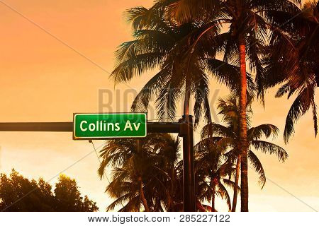 Miami Beach, Florida. January 05, 2018 Collins Ave. Sign And Palms Trees On Colorful Sunset Backgrou