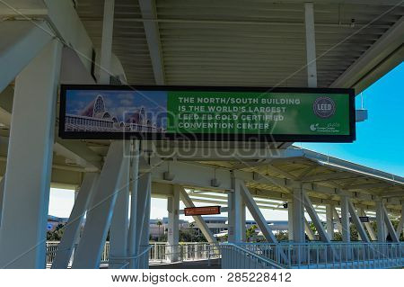 Orlando, Florida. January 12, 2019 Top View Of Orange Conty Convention Center Sign And Bridge At Int