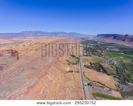 Us Route 191 And La Sal Mountains Aerial View Near Arches National Park, Moab, Utah, Usa.