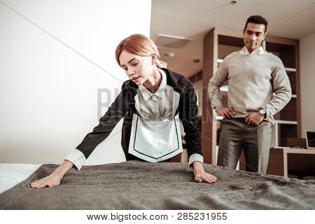 Client Of Hotel Planning Raping Of Young Slim Hotel Maid