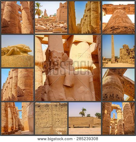 A Collage Of Photos Beautiful Ancient Temple Of Medina-habu. Egypt, Luxor.