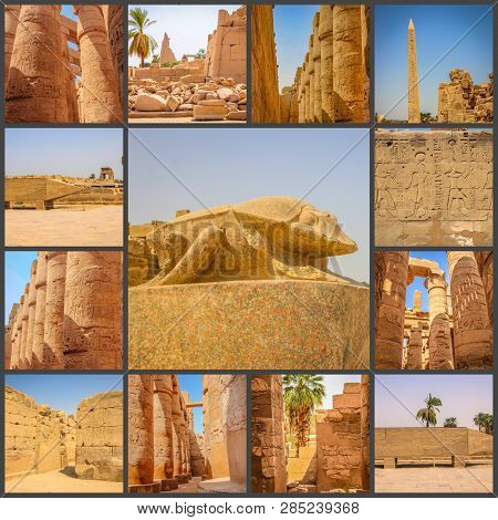 A Collage Of Photos Beautiful Ancient Temple Of Medina-habu. Egypt, Luxor.