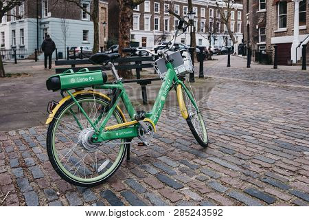 London, Uk - February 16, 2019: Dockless Lime E Electric Bike On A Street In Primrose Hill, London. 