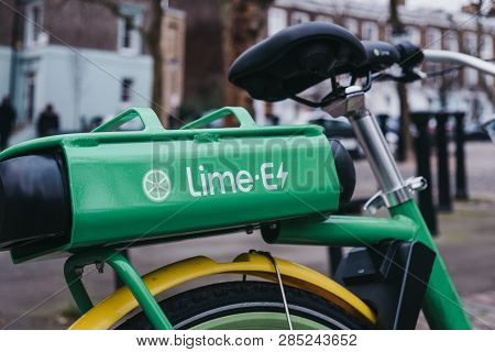 London, Uk - February 16, 2019: Dockless Lime E Electric Bike On A Street In Primrose Hill, London. 