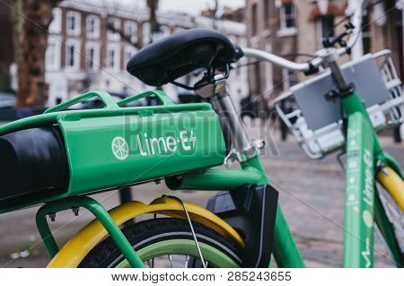London, Uk - February 16, 2019: Dockless Lime E Electric Bike On A Street In Primrose Hill, London. 