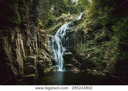 Scenic View Of Kamienczyk Waterfall In Gian Mountain, Karkonosze Monutain