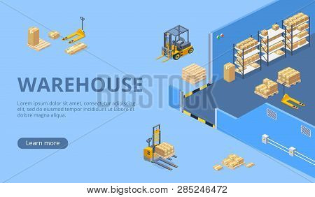 Industrial Warehouse, Distribution Or Delivery Company Isometric Web Banner, Landing Page With Hydra