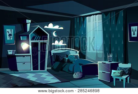 Lit By Moonlight Children Room With Little Boy Slipping In Cosy Bed With Nightlight Lamp On Cartoon 