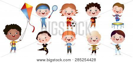 Set Of Funny Cute Boys With Different Activities And Hobbies Isolated On White Background