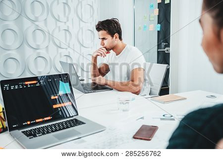 Сolleagues Analyze Digital Reports On Screen Monitor And Preparing Financial Report For Investors. T