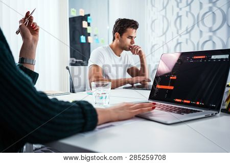 Сolleagues Analyze Digital Reports On Screen Monitor And Preparing Financial Report For Investors. T