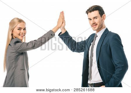 Successful Businesspeople Giving Highfive Isolated On White