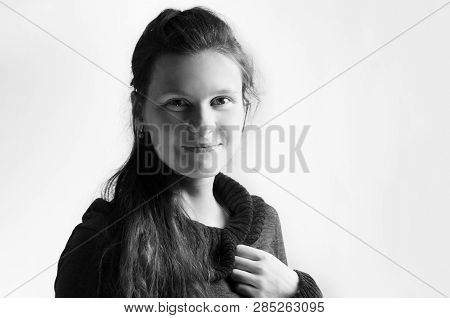 Bnw. Cheerful, Feminine Woman Smile. Close Up Portrait Of Pretty Caucasian Young Girl. Cute Teenager