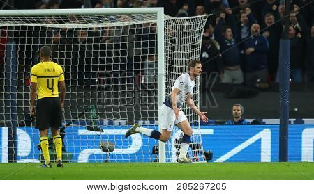 LONDON, ENGLAND - FEBRUARY 13 2019: Jan Vertonghen of Tottenham celebrates a goal during the Champions League match between Tottenham Hotspur and Borussia Dortmund at Wembley Stadium, London.