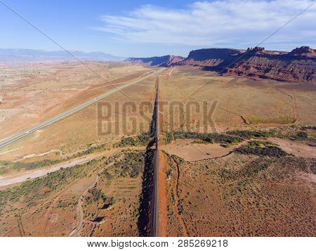 Us Route 191 And Railroad Aerial View Near Arches National Park, Moab, Utah, Usa.