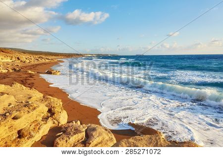 Beautiful Wild Beach With Clear Turquoise Water And Waves. Lara Beach, Cyprus.
