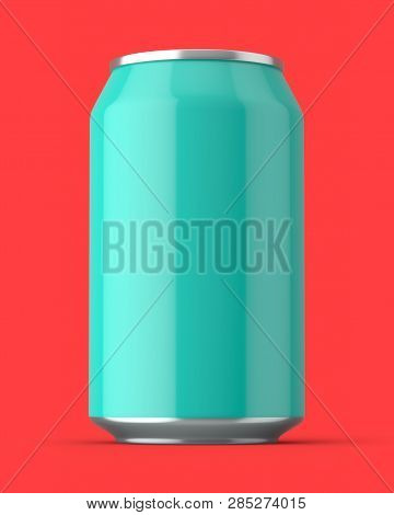 3d Rendered Glossy Aqua Aluminium Can On A Red Background.