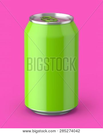 3d Rendered Glossy Green Aluminium Can On A Pink Background.