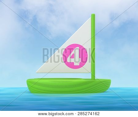 3d Rendered Green Wooden Toy Boat Sailing In The Sea Against A Blue Sky.