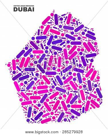 Mosaic Dubai Emirate Map Isolated On A White Background. Vector Geographic Abstraction In Pink And V