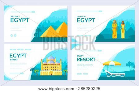 Egypt Country Ornament Travel Tour Concept. Traditional Vacation Brochure Card Set. Template Of Flye