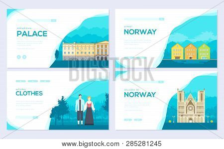 Norway Country Ornament Travel Tour Concept. Traditional Monumentbrochure Card Set. Template Of Flye