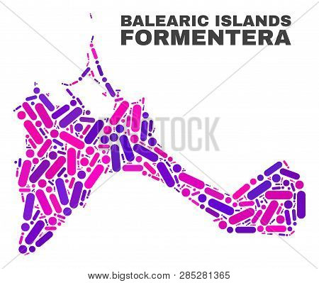 Mosaic Formentera Island Map Isolated On A White Background. Vector Geographic Abstraction In Pink A