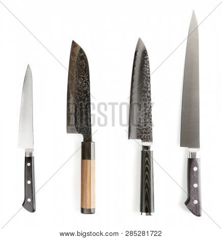Set of new and old knives, isolated on white background
