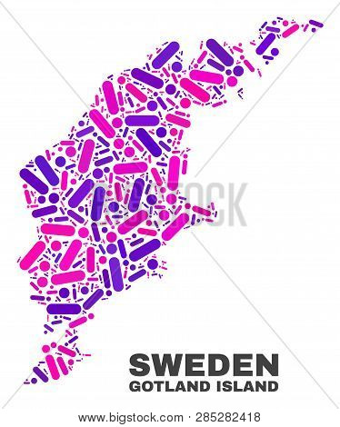 Mosaic Gotland Island Map Isolated On A White Background. Vector Geographic Abstraction In Pink And 