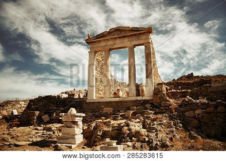 Temple in Historical Ruins in Delos Island near Mikonos, Greece.