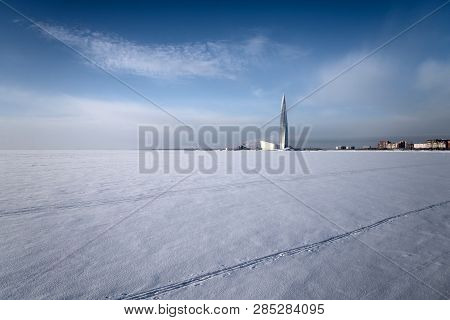 Frozen Gulf Of Finland On The Outskirts Of St. Petersburg At Sunny Winter Day, Russia.