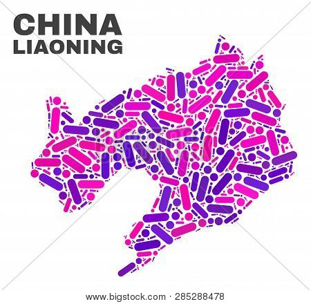 Mosaic Liaoning Province Map Isolated On A White Background. Vector Geographic Abstraction In Pink A