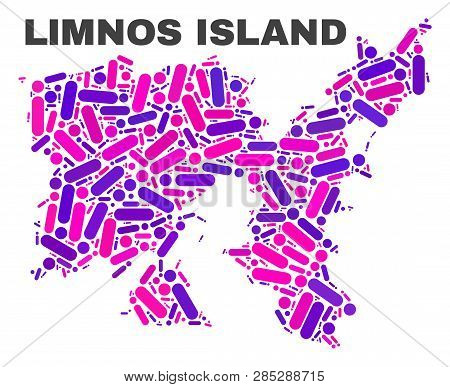 Mosaic Limnos Island Map Isolated On A White Background. Vector Geographic Abstraction In Pink And V