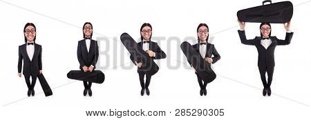 Man with violin case isolated on white