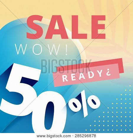 Promo Web Banner Summer Sale. Retro Summer Sale Banner Vector Illustration, Blue Sky With Summer Bea