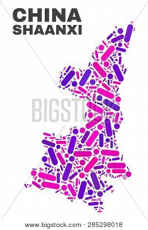 Mosaic Shaanxi Province Map Isolated On A White Background. Vector Geographic Abstraction In Pink An
