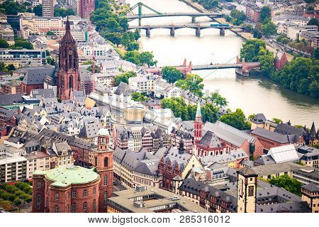 Above View At The Frankfurt Old Town City Center - Romerberg Square, St. Bartholomew Cathedral And S