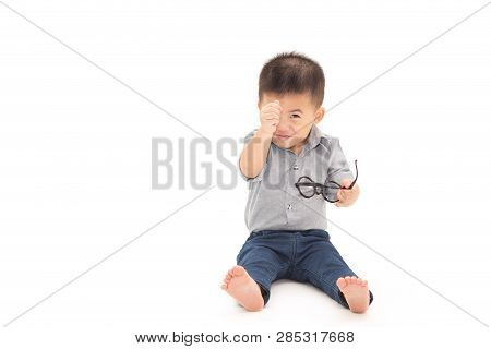 Asian Baby Boy Sit And Show Mini Heart With Fingers And Wearing Business Shirt And Holding Glasses I
