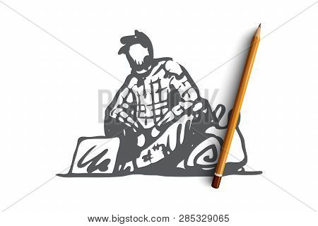 Beggar, Poor, Asking, Sad, Tramp Concept. Hand Drawn Beggar Asking For Money And Help On Street Conc