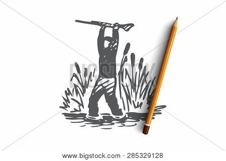 Hunting, Sneaking, Rifle, Sport, Weapon Concept. Hand Drawn Hunter Sneaks Through The Reeds Concept 