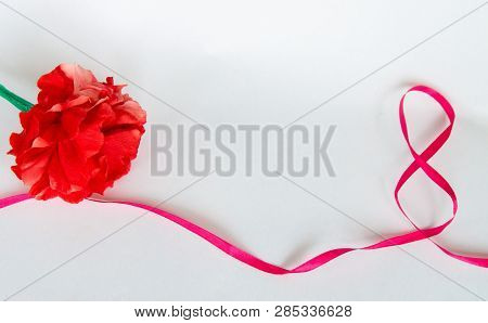 March 8th International Women`s Day Spring Festival Red Ribbon With Carnation Greeting Card