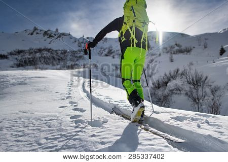 Climber With Mountain Skiing Goes Up A Beaten Track