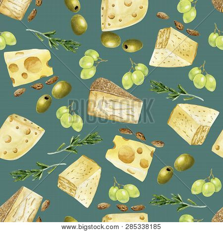 Hand Drawn Seamless Pattern With Cheese  On White Background. Vegetarian Healthy Food. Watercolor Il