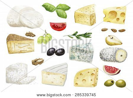 Hand Drawn Seamless Pattern With Cheese  On White Background. Vegetarian Healthy Food. Watercolor Il