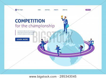 Isometric Businessman At The Top Of The World, Entrepreneurs Compete For Leadership. Website Templat