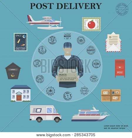Flat Post Service Round Concept With Postman Float Plane Van Yacht Postbox Parcel Envelope Letter St